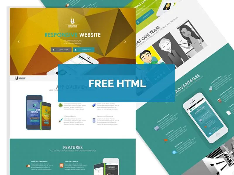 An animated promotional graphic showcasing a responsive website template and mobile app. The design features various smartphone mockups, team illustrations, and a section highlighting features and advantages, with a central overlay text that reads, "FREE HTML".