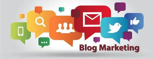 Colorful speech bubbles featuring icons such as a magnifying glass, envelope, phone, group of people, bird, and thumbs-up surround the words "Blog Marketing.