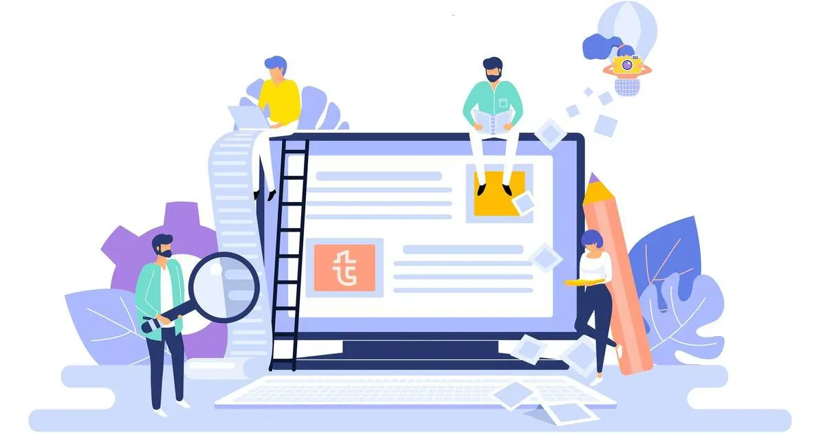 Illustration of four people interacting with an oversized computer screen. One person stands on a ladder inspecting content with a magnifying glass, another sits on top reading, a third person stands on the right holding papers, and a fourth with a giant pencil.