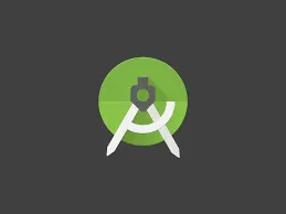 A green circle encompasses a pair of white drafting compasses, forming the logo of Android Studio, set against a dark gray background.