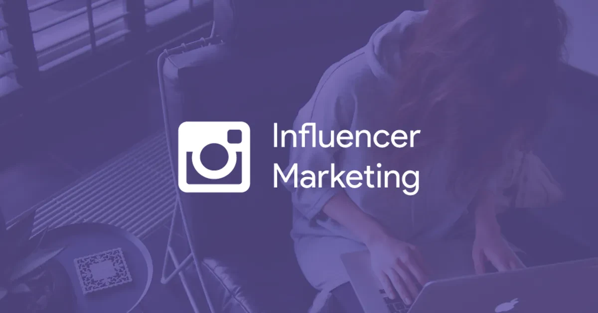 A person sits in a chair working on a laptop, partially obscured. The text "Influencer Marketing" and a stylized camera logo are overlaid on the image. The background features a purple hue.