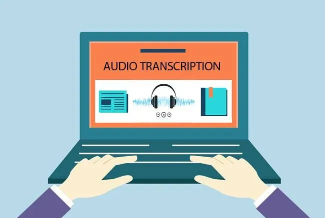 Illustration of hands typing on a laptop. The screen displays a header "AUDIO TRANSCRIPTION" with icons for text, audio waves with headphones, and a document.