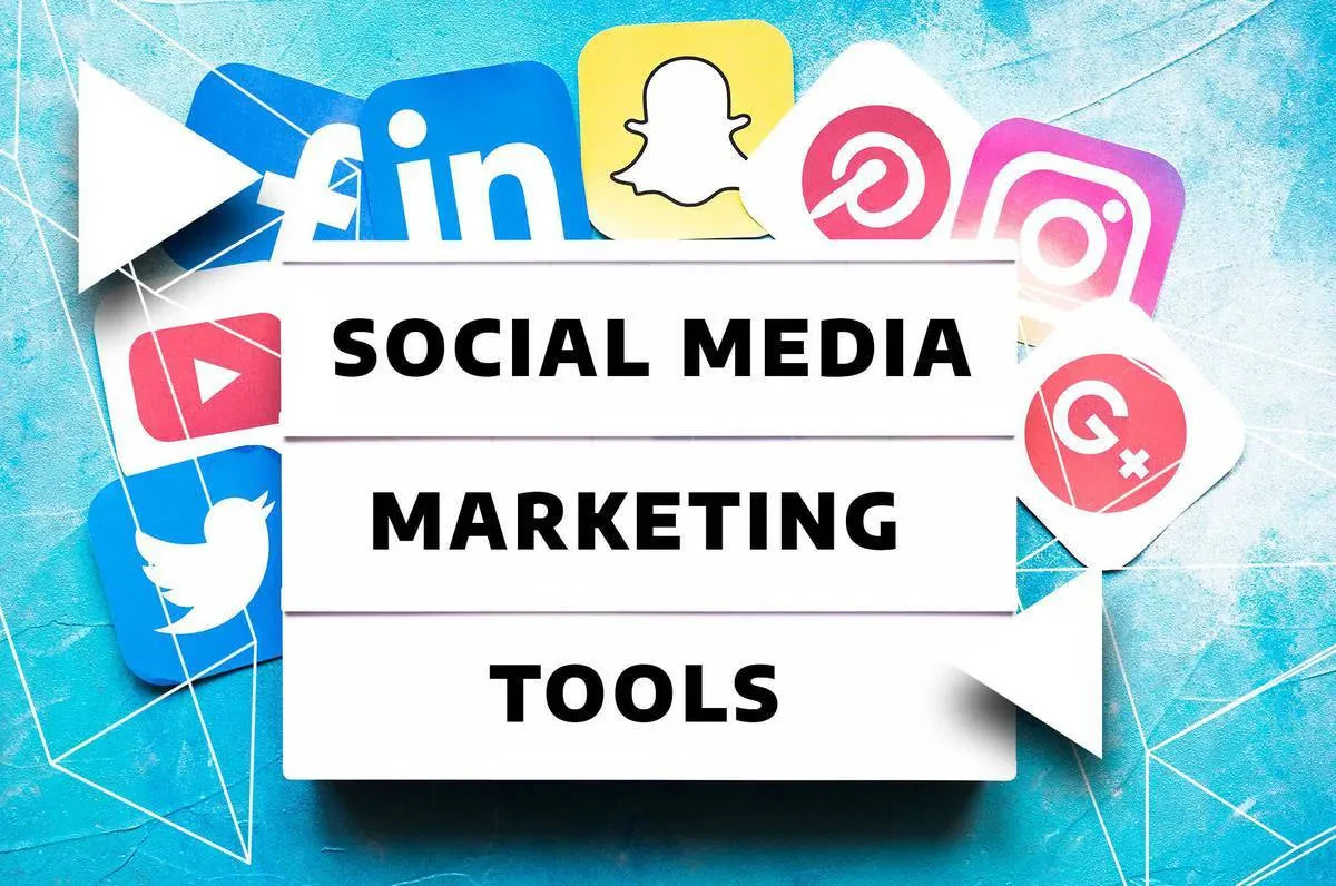 A collection of social media logos, including LinkedIn, Snapchat, Pinterest, Instagram, YouTube, Twitter, and Google+, surrounds a central text that reads "Social Media Marketing Tools" on a blue textured background with white geometric elements.