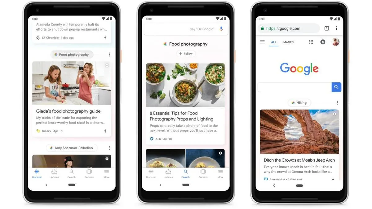 Three smartphones display different screens. The first shows a food photography guide with two people in a kitchen. The second features eight tips for food photography with bowls of food. The third screen displays a Google search for hiking, showing search results including an article about hiking locations.