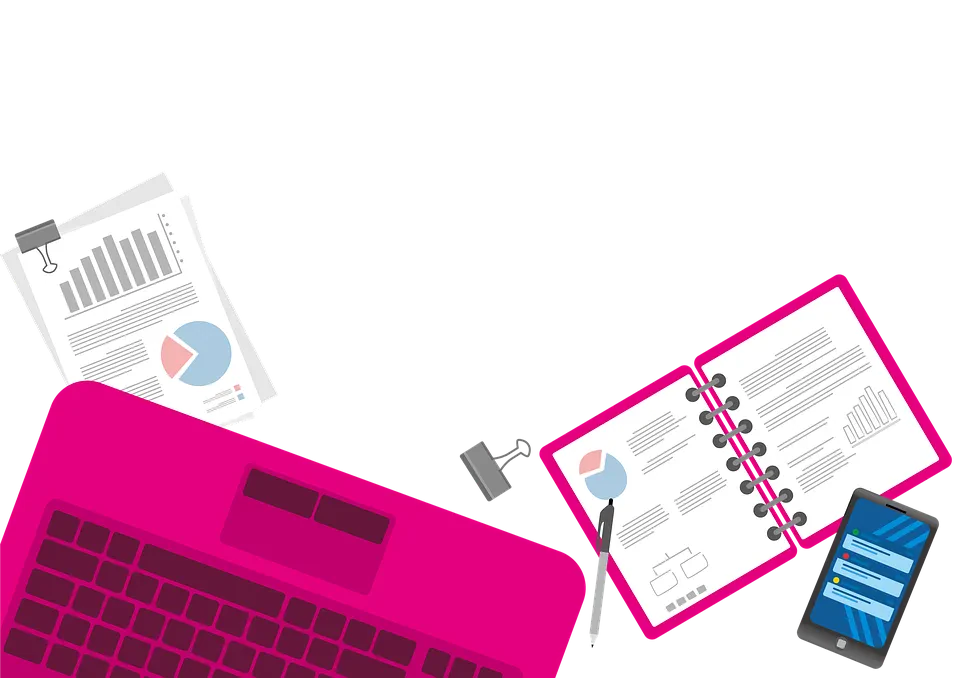 Illustration of a pink laptop, open notebook with charts and graphs, several documents with graphs and a clipboard, and a smartphone displaying a messaging app, all arranged on a white surface.