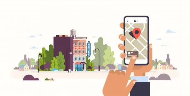 Illustration of someone using a smartphone with a map application, showing a location pin. The background features a small town with various buildings, trees, and street lamps. The person’s finger is pointing at the screen, indicating navigation.