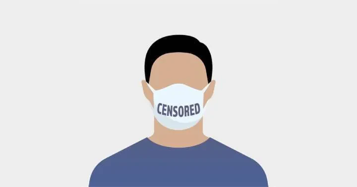 Illustration of a person wearing a face mask labeled "CENSORED" on the front. The figure is depicted from the shoulders up, and the background is light gray. The person has short, dark hair and is wearing a blue shirt.