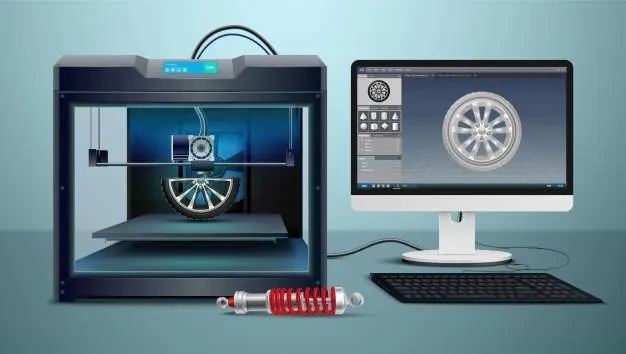 A 3D printer is producing a wheel design, as shown on a computer monitor next to it. A detailed rendering of the wheel is displayed on the monitor's screen. In front of the 3D printer and monitor, a red and silver mechanical component rests on the desk.