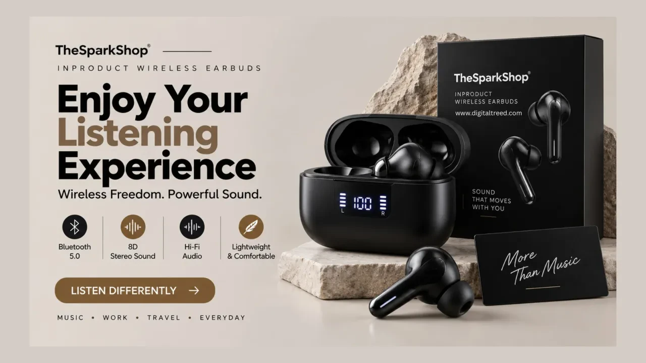 TheSparkShop InProduct wireless earbuds with charging case, Bluetooth 5.0, 8D stereo sound, and Hi-Fi audio features.