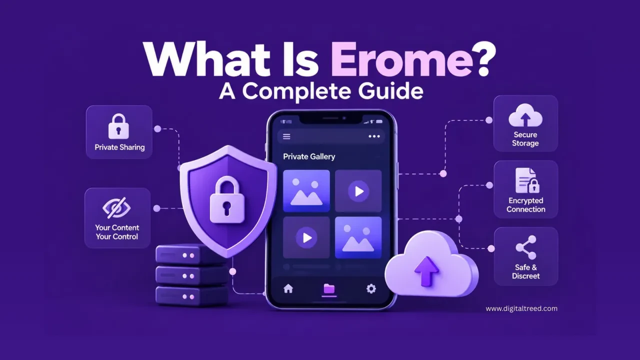 Erome platform guide concept showing private media sharing, privacy controls and digital security.