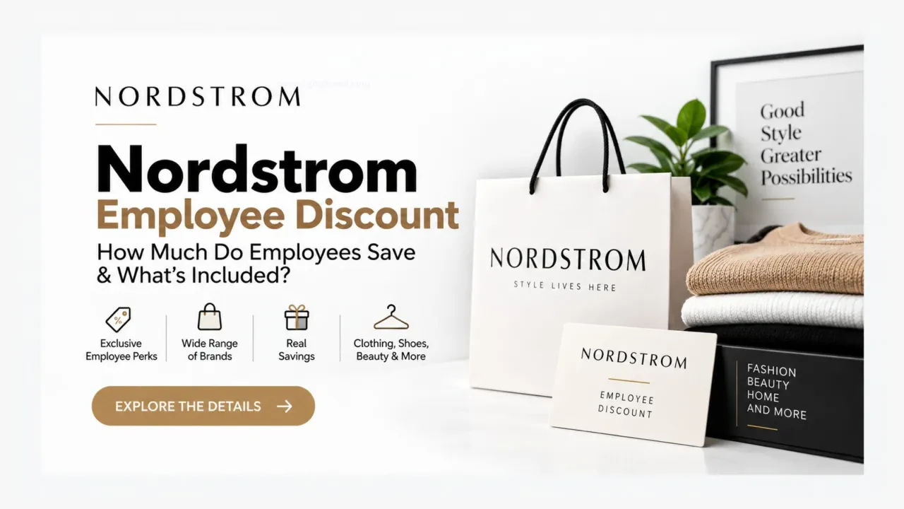 Nordstrom employee discount guide featuring a shopping bag, employee discount card, apparel, and retail benefits.