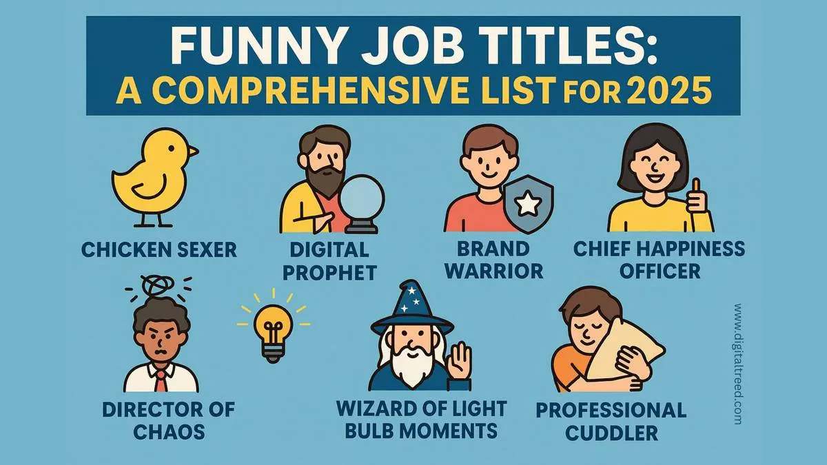 Colorful infographic titled 'Funny Job Titles: A Comprehensive List for 2025' featuring humorous roles like Chicken Sexer, Digital Prophet, Brand Warrior, Chief Happiness Officer, Director of Chaos, Wizard of Light Bulb Moments, and Professional Cuddler. Illustrated characters accompany each job title. From digitaltreed.com, relevant for Pedrovazpaulo Business Consultant's engaging HR content.