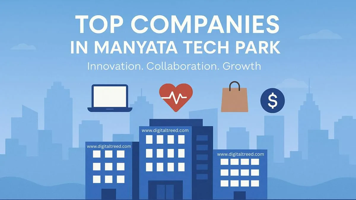 Illustration showing top companies at Manyata Tech Park Bengaluru with modern office buildings, business icons, and a tech innovation theme, minimal text.