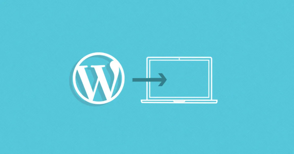 A blue background featuring a white WordPress logo on the left, an arrow pointing right in the middle, and an outline of a laptop screen on the right.