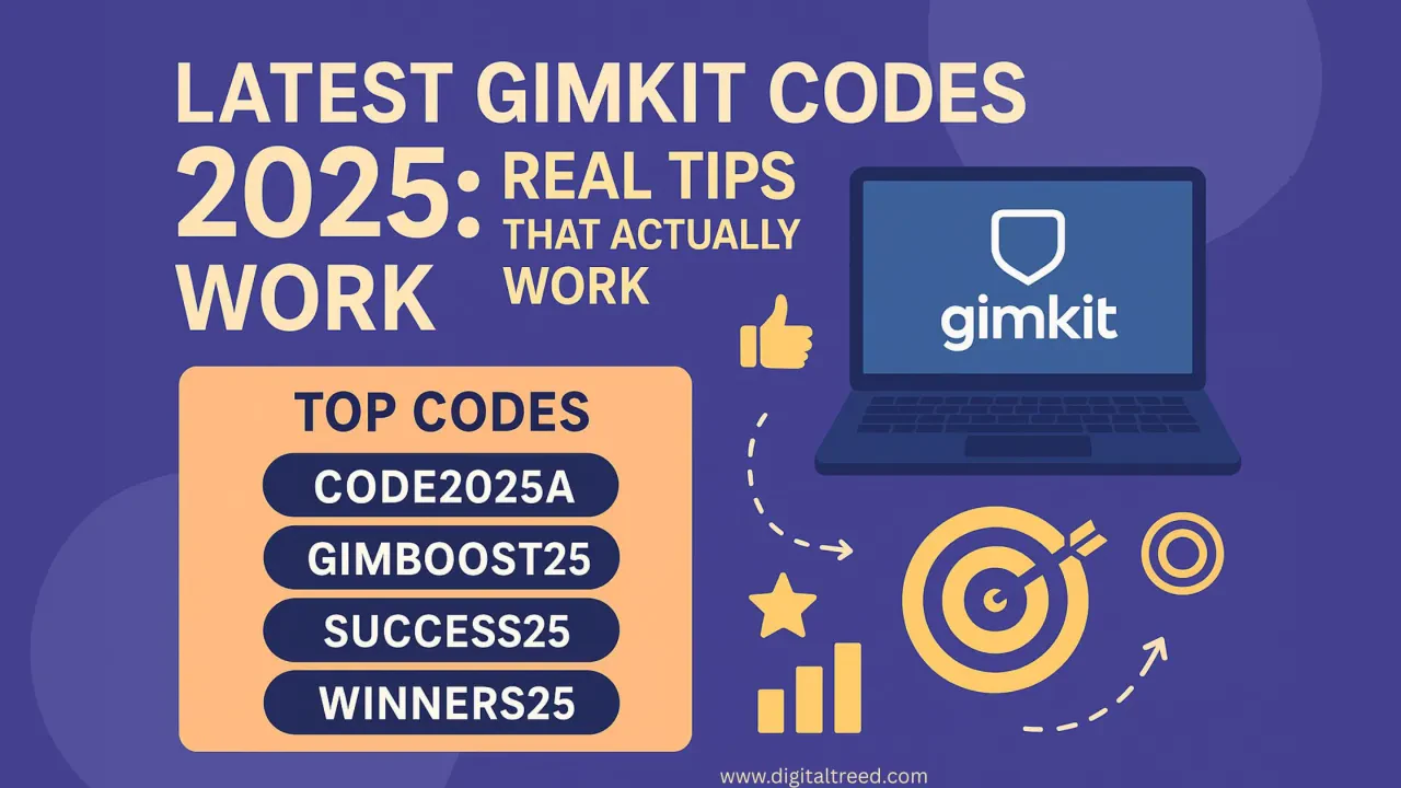 Infographic showing latest Gimkit codes and join codes for 2025 with a laptop displaying the Gimkit logo, a list of top codes, and gamified icons.