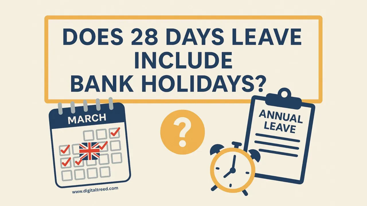 A flat design infographic illustrating UK annual leave policy, featuring a calendar, briefcase, and holiday icons to represent 28-day leave and bank holidays.