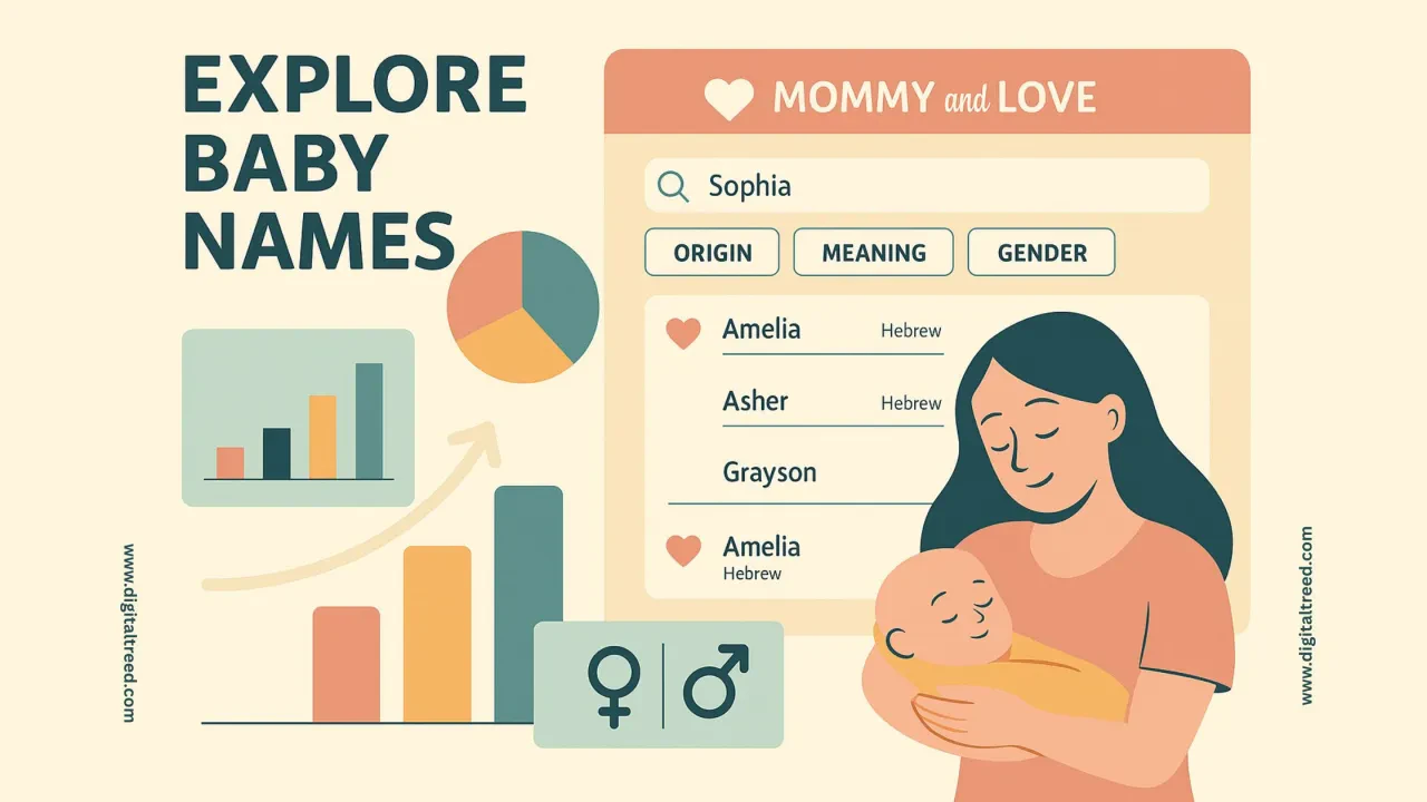A flat-style digital illustration promoting the exploration of baby names on Mommyandlove.com, featuring a cheerful family scene with playful icons, pastel colors, and search elements symbolizing name discovery.