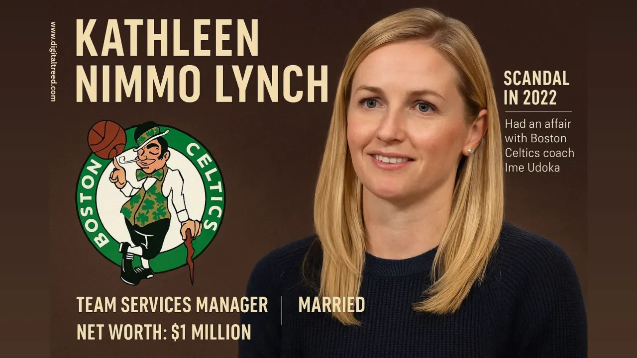 A flat-style digital infographic features Kathleen Nimmo Lynch with visual elements representing her role with the Boston Celtics, media controversy, and personal life.