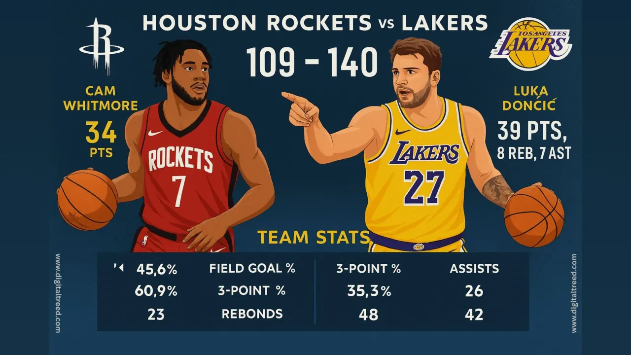 A digital infographic in vibrant colors showing key player stats from the Houston Rockets vs Lakers game, highlighting Cam Whitmore and Luka Dončić with minimal text.