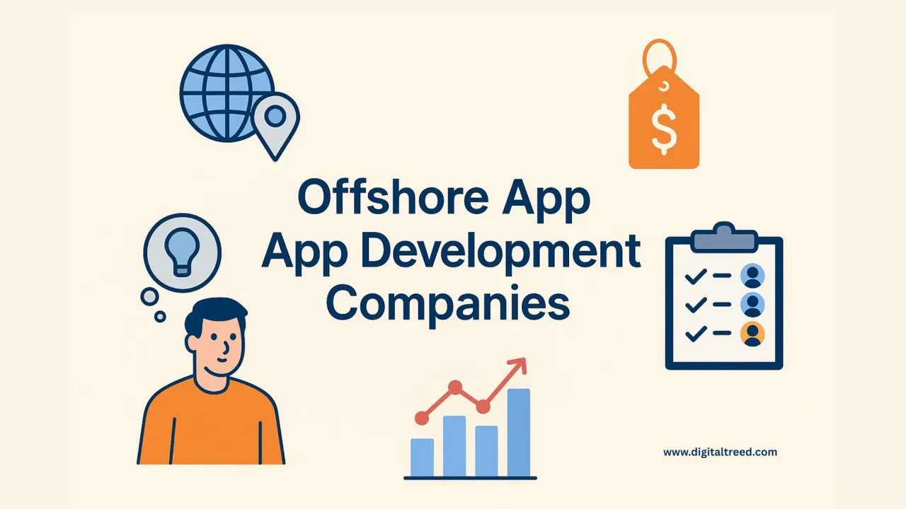A flat-style digital infographic displays the phrase "Top Offshore App Development Companies" with illustrated icons of developers, mobile apps, global connections, and charts, all arranged over a clean, minimal background sized at 1532x1024 pixels.
