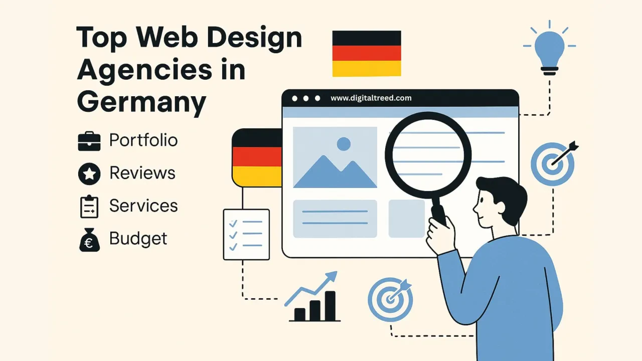 A flat-style digital illustration showing a creative agency workspace with laptops, charts, web design wireframes, and UI/UX elements. The image includes infographic-style visuals like progress bars, location pins, and service icons representing top web design agencies in Germany.
