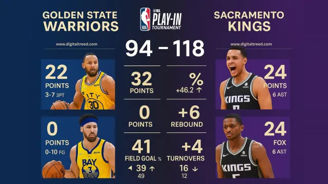 A digital infographic displays post-game statistics for the Golden State Warriors vs Sacramento Kings April 16, 2024 NBA Play-In game, highlighting key player performances and final score.