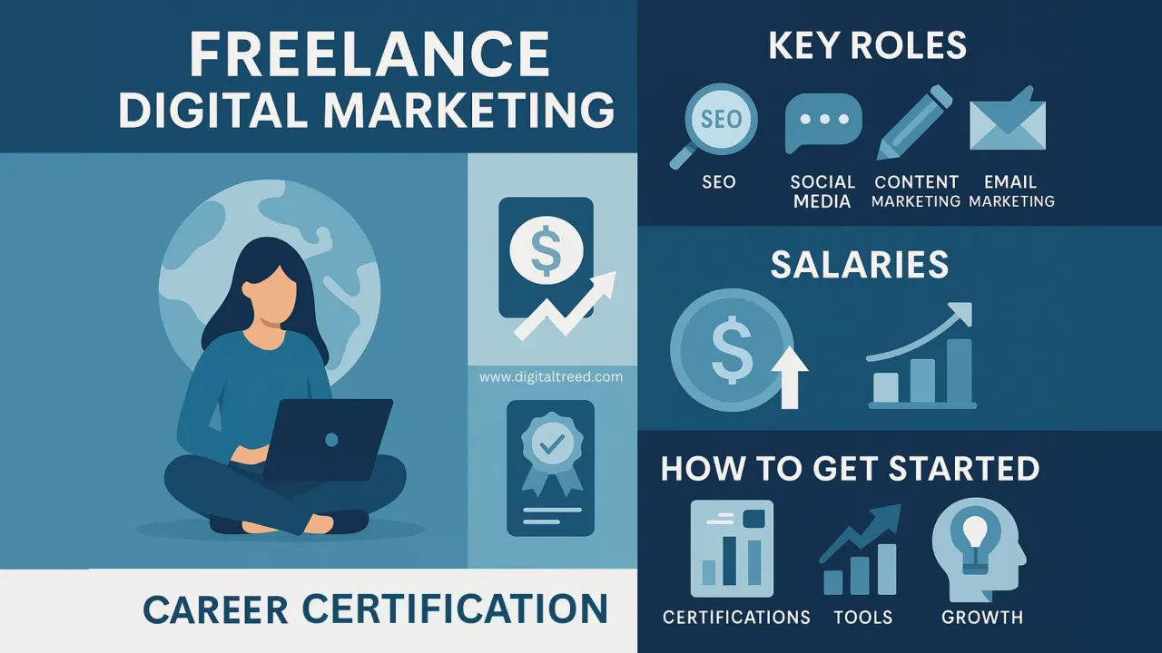 A flat-design digital infographic titled “Freelance Digital Marketing” featuring icons for SEO, social media, email marketing, content creation, and analytics, with minimal text.