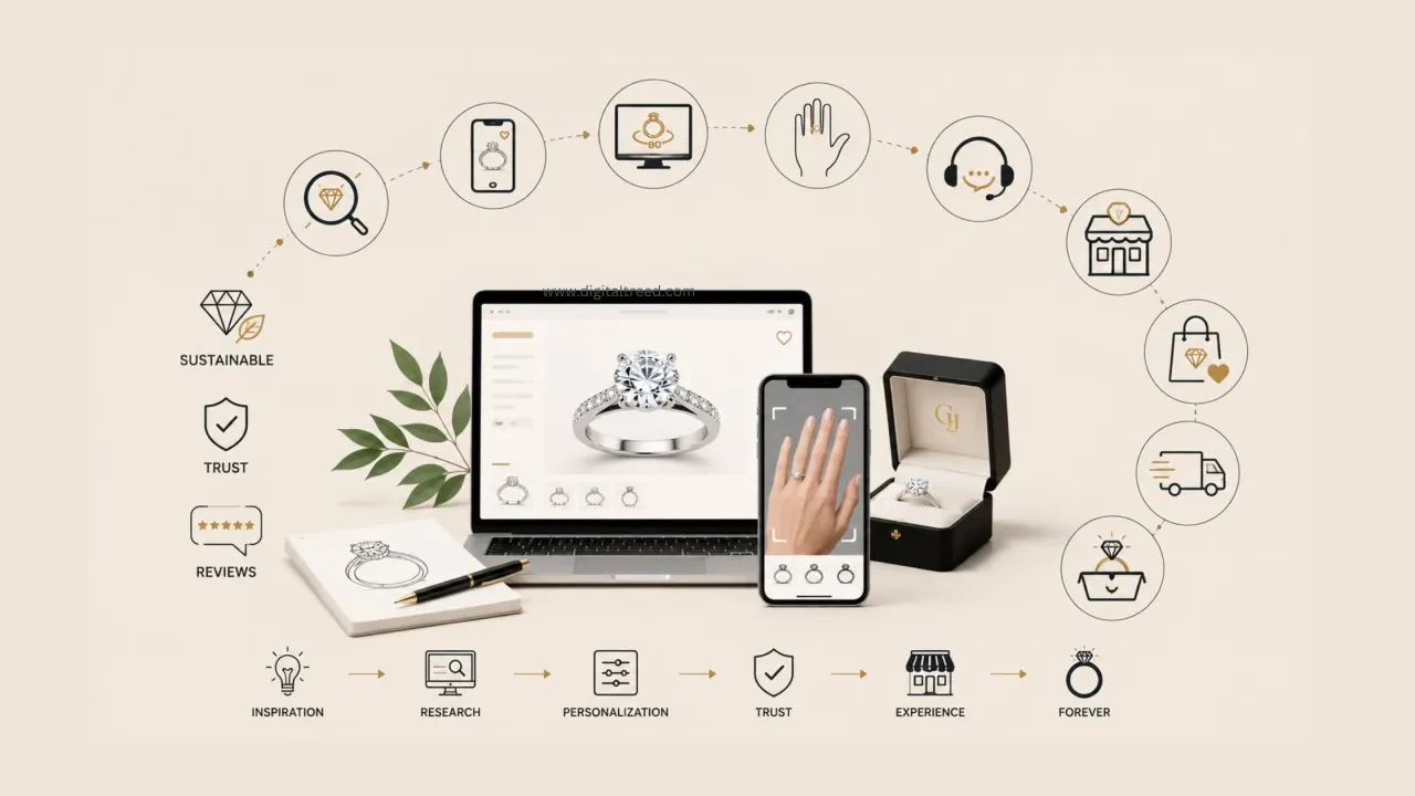 Luxury ecommerce engagement ring shopping infographic featuring virtual ring try-on technology, online jewelry browsing, personalized recommendations, sustainable diamonds, customer reviews, and a seamless digital-to-store buying journey.