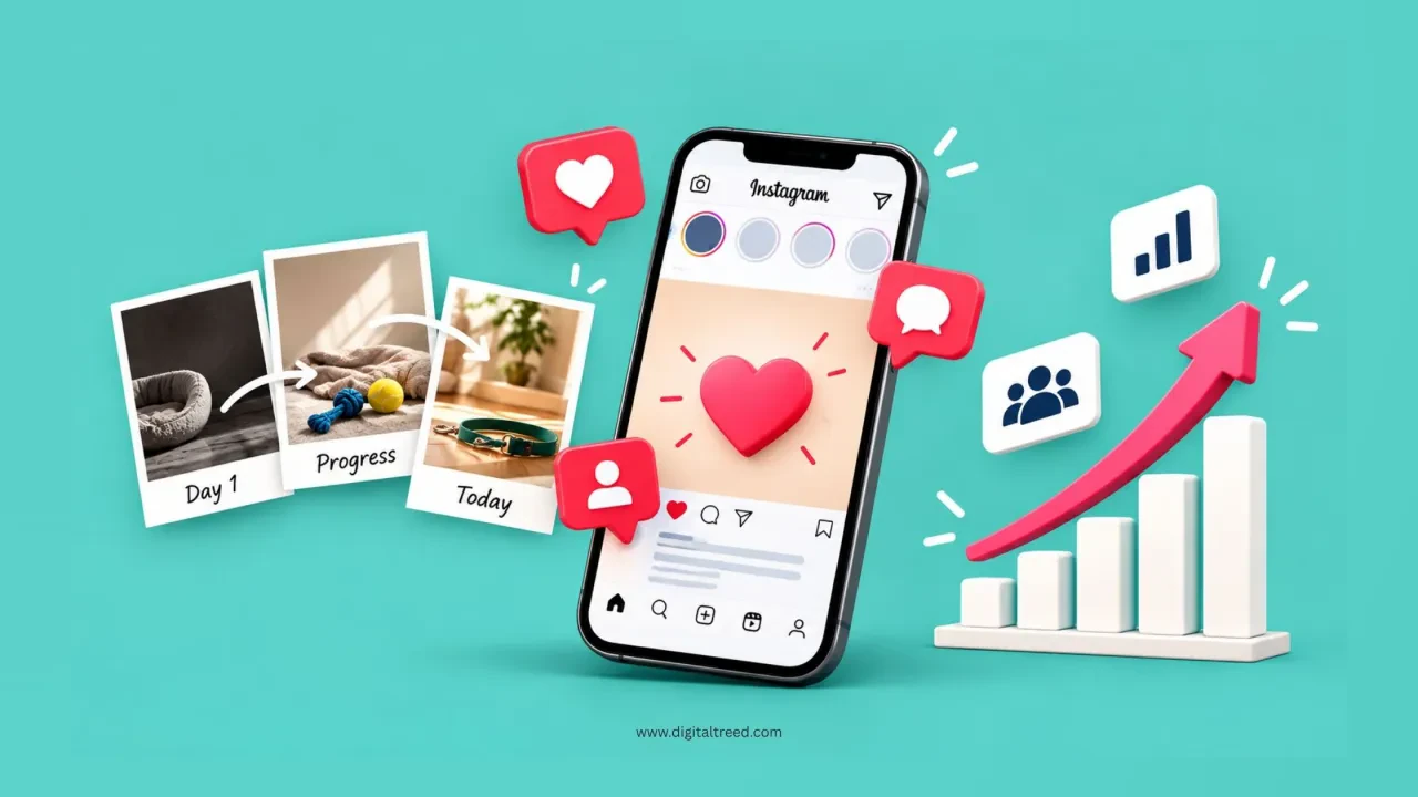 Infographic showing a rescue dog adoption journey on Instagram, with storytelling, social media engagement, community growth, milestones, and rising audience reach.