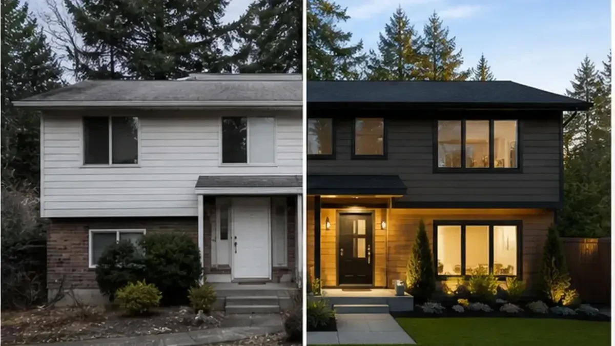 House exterior before and after renovation: white siding and a bare yard become dark siding, warm lights and new landscaping