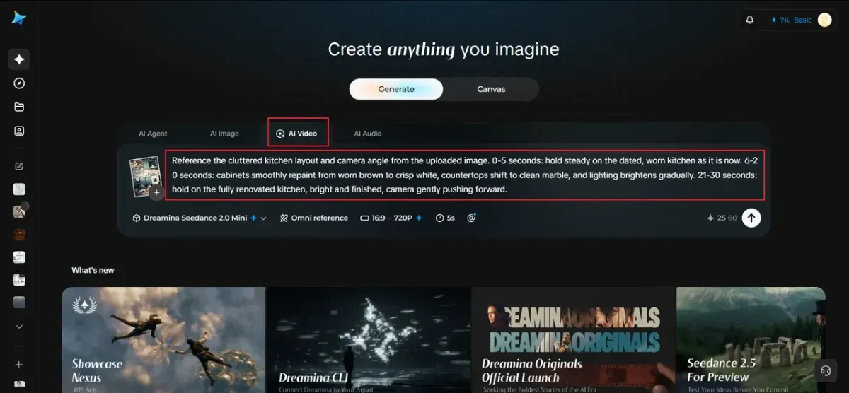 Dreamina AI Video tab with a kitchen reference image and a timed renovation prompt