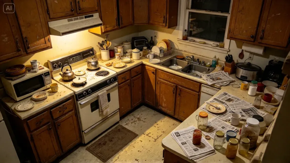 Dated, cluttered kitchen with worn wooden cabinets, an old stove and stained floor before renovation