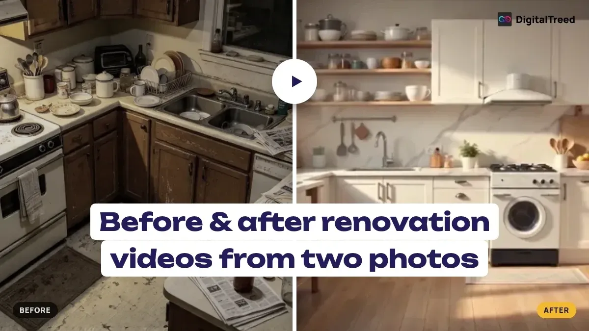 Before and after kitchen renovation video: a dated kitchen beside the same kitchen renovated, with a play button