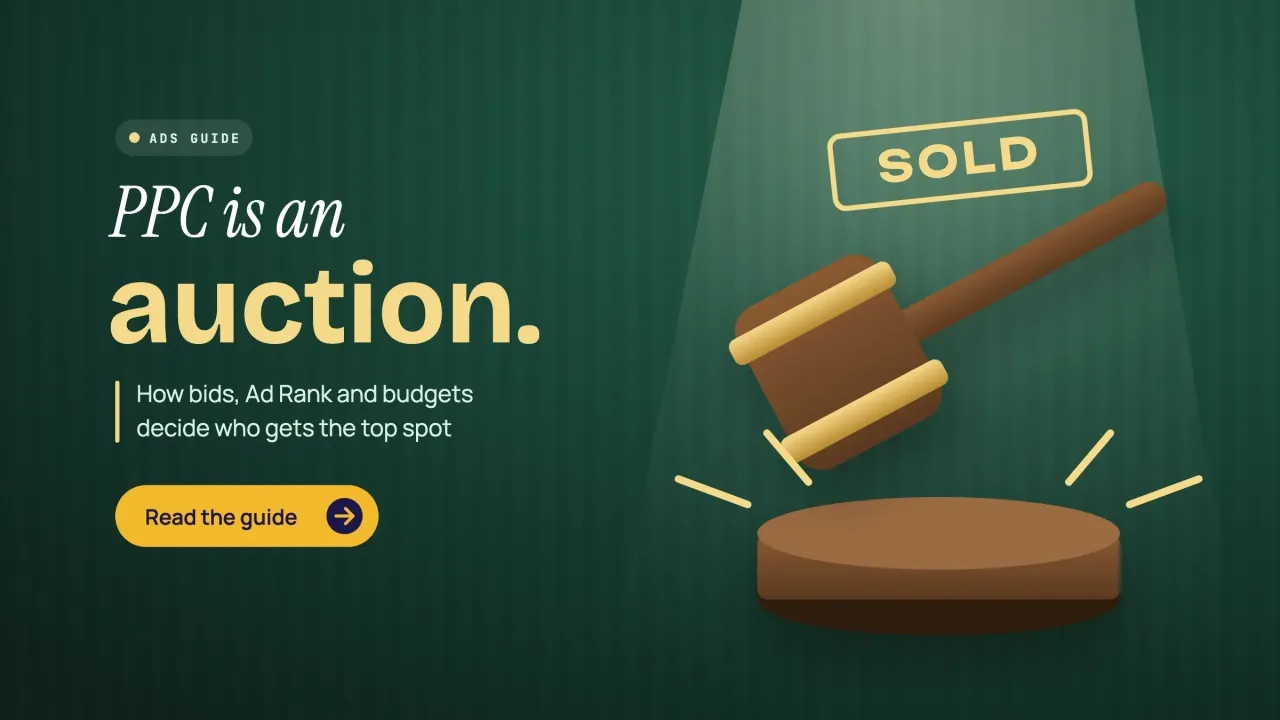 PPC is an auction: a walnut and brass gavel strikes under a spotlight on green velvet with a SOLD stamp