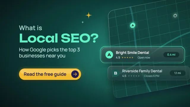 What is local SEO: glass map listings with Bright Smile Dental highlighted as the top nearby result, 0.4 miles away