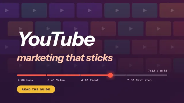 YouTube marketing that sticks: a video progress bar with chapter markers for hook, value, proof and next step over a mosaic of video thumbnails
