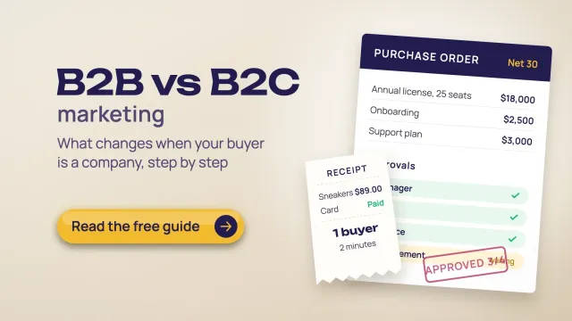 B2B vs B2C marketing: a small consumer receipt for $89 sneakers beside a business purchase order with four approval steps and an Approved 3/4 stamp