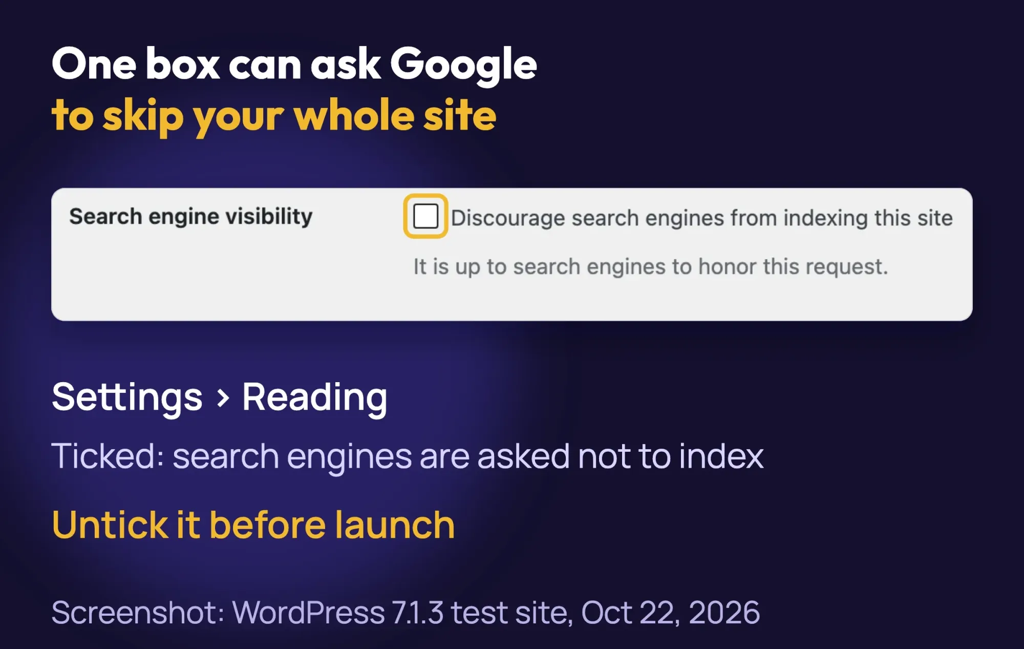 Screenshot of WordPress Settings > Reading: the Discourage search engines from indexing this site checkbox, marked in gold