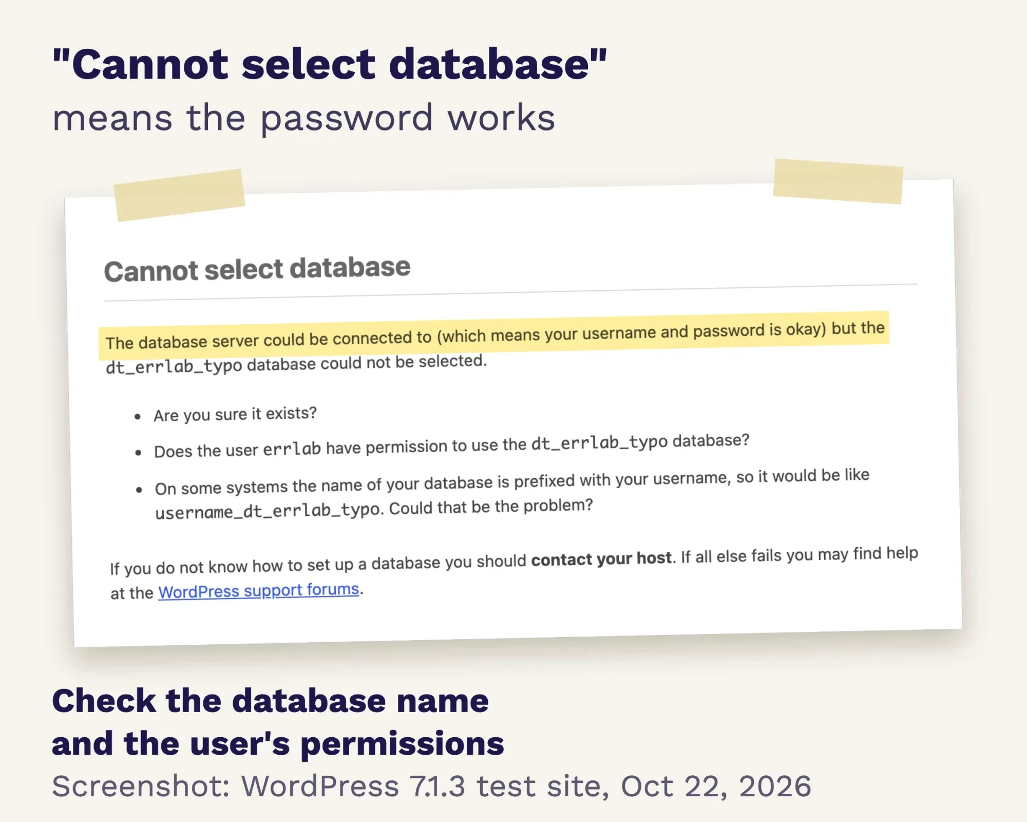 Screenshot of the WordPress Cannot select database message, with the line saying the username and password are okay highlighted