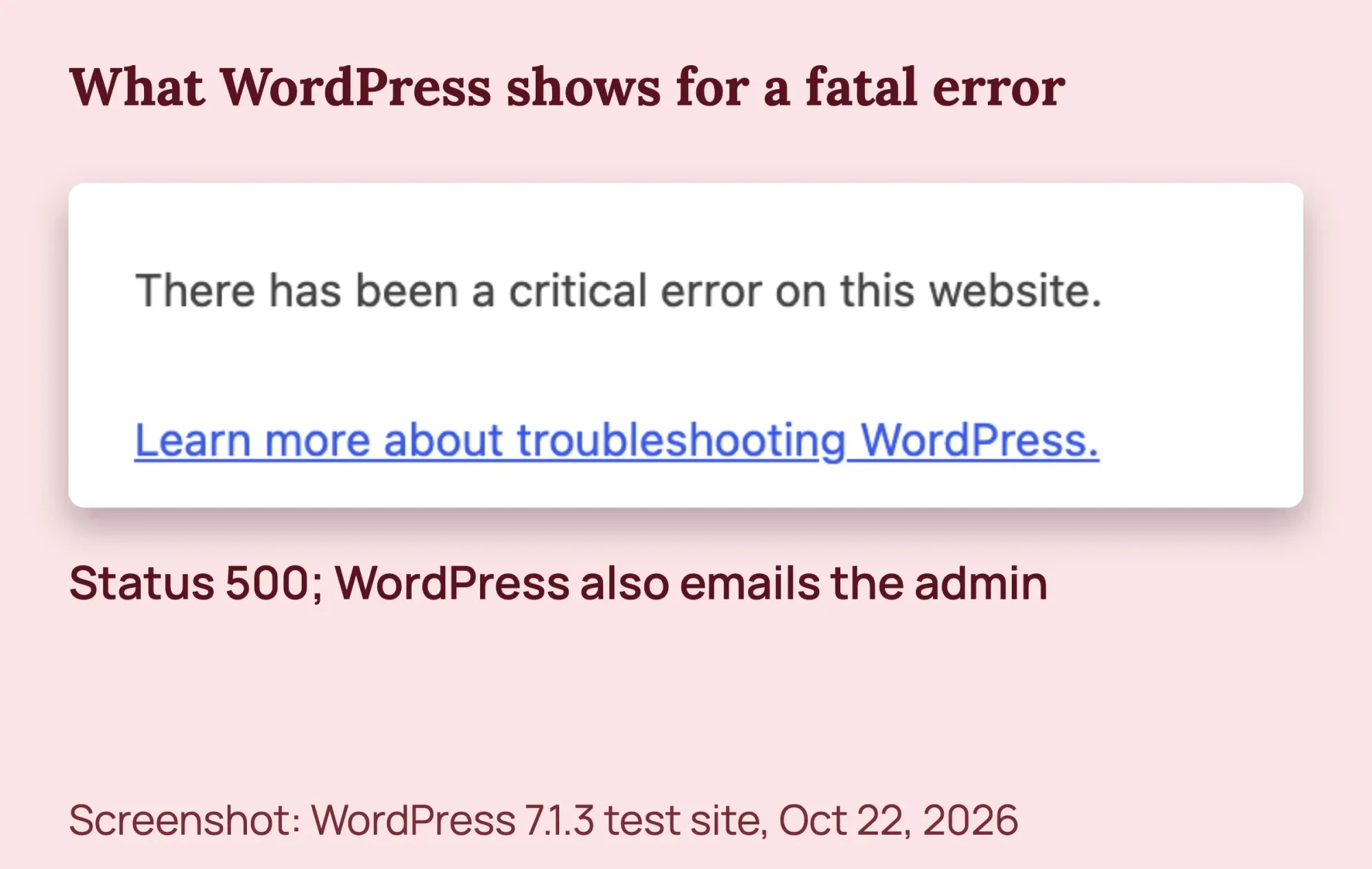 Screenshot of the WordPress 7.1.3 page reading There has been a critical error on this website, with the Learn more link
