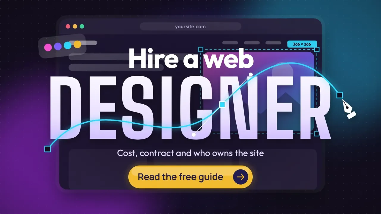 Hire a web designer: giant DESIGNER lettering over a website being designed, with a pen-tool curve, and a Read the free guide button