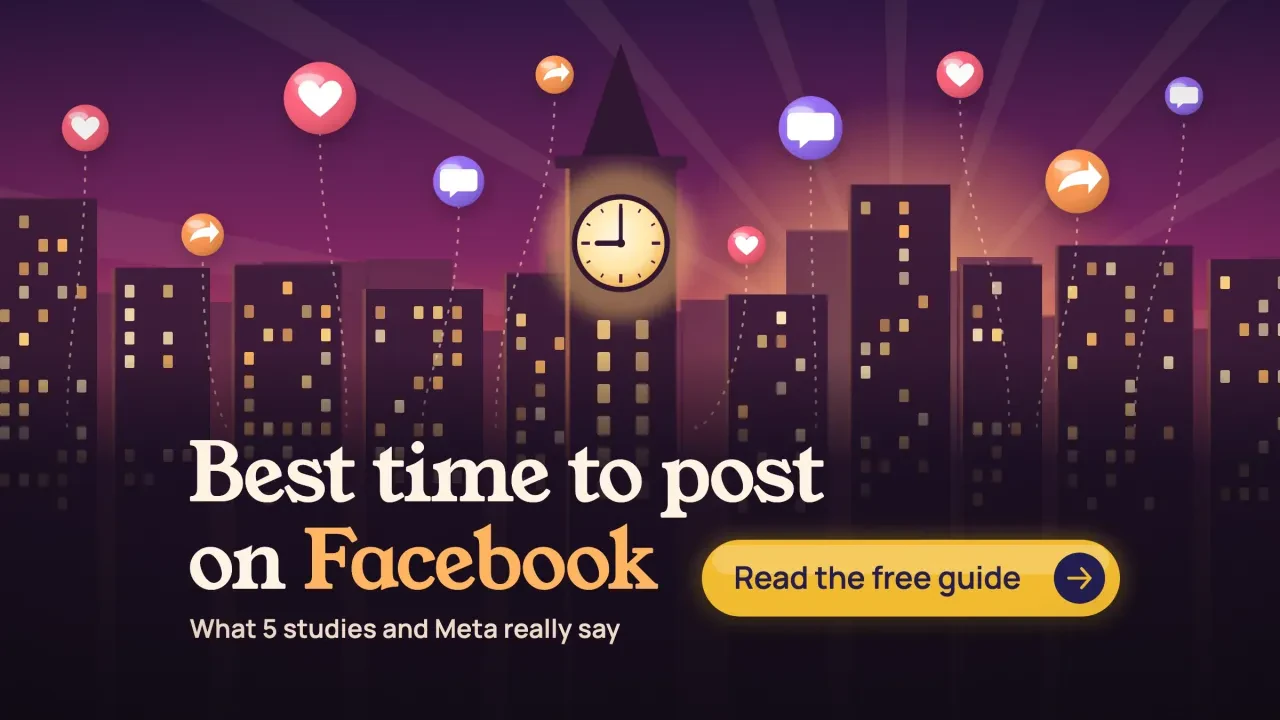 Best time to post on Facebook: a dusk city skyline with a glowing clock tower at 9:00 and reaction bubbles rising, with a Read the free guide button