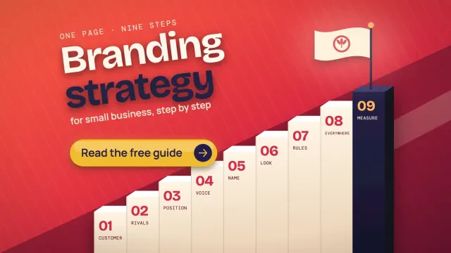 Branding strategy for small business: nine labelled steps climbing to a flag on a poppy red diagonal, with a Read the free guide button