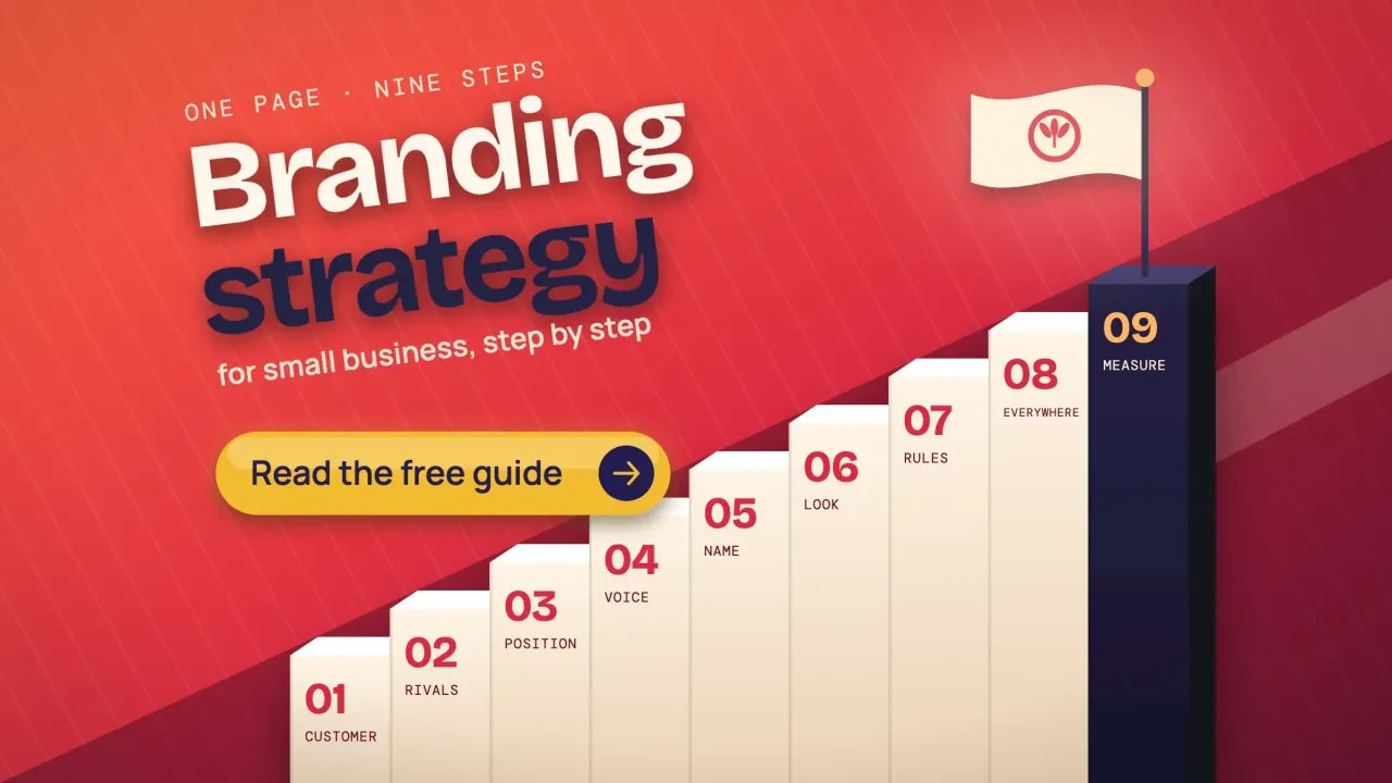 Branding strategy for small business: nine labelled steps climbing to a flag on a poppy red diagonal, with a Read the free guide button