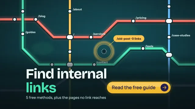Find internal links: a teal night transit map where pages are stations and links are lines, with one orphan station circled, and a Read the free guide button