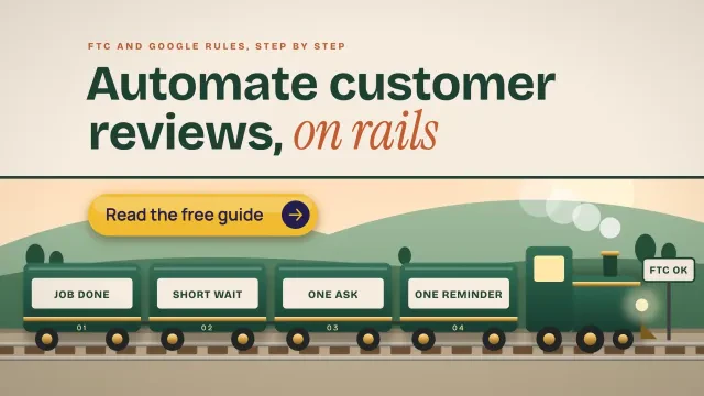 Automate customer reviews on rails: a cream title band over a green train with four wagons labelled job done, short wait, one ask and one reminder, with a Read the free guide button