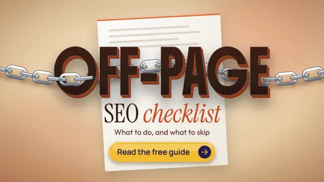 Off-page SEO checklist: giant OFF-PAGE letters with a chrome chain running through them over a paper checklist, with a Read the free guide button