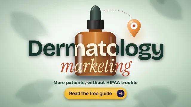 Dermatology marketing: an amber dropper bottle behind giant Dermatology lettering on pale sage, with a map-pin drop falling, and a Read the free guide button