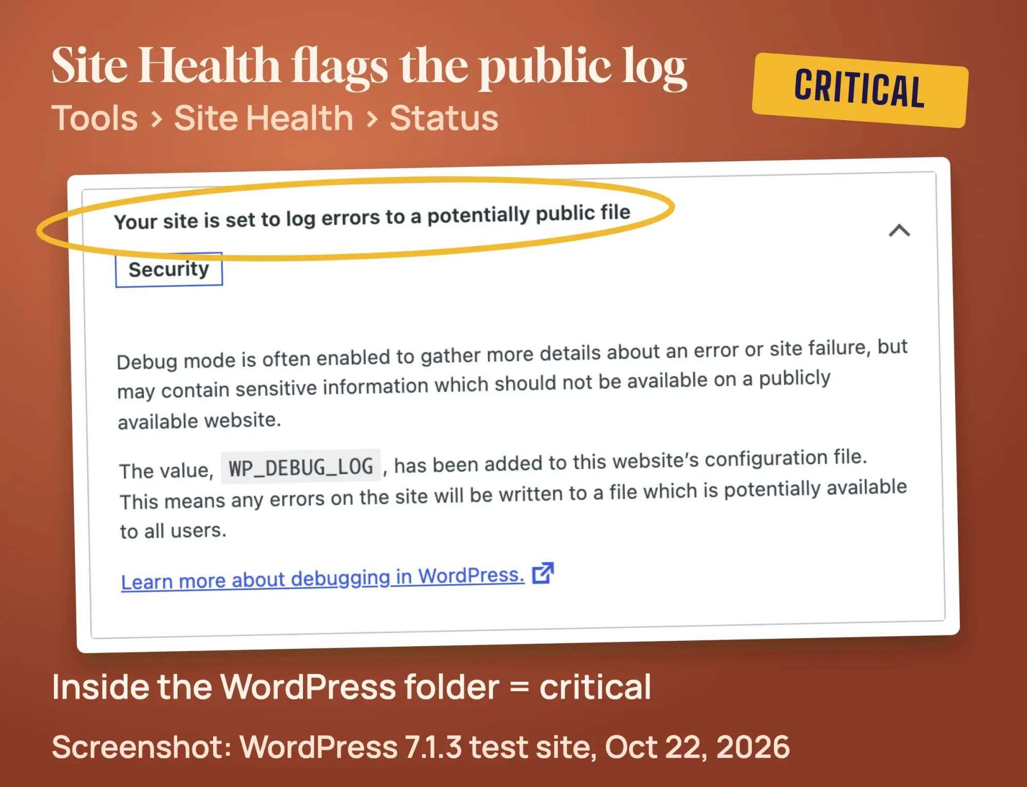 Screenshot of WordPress Site Health showing the critical issue Your site is set to log errors to a potentially public file