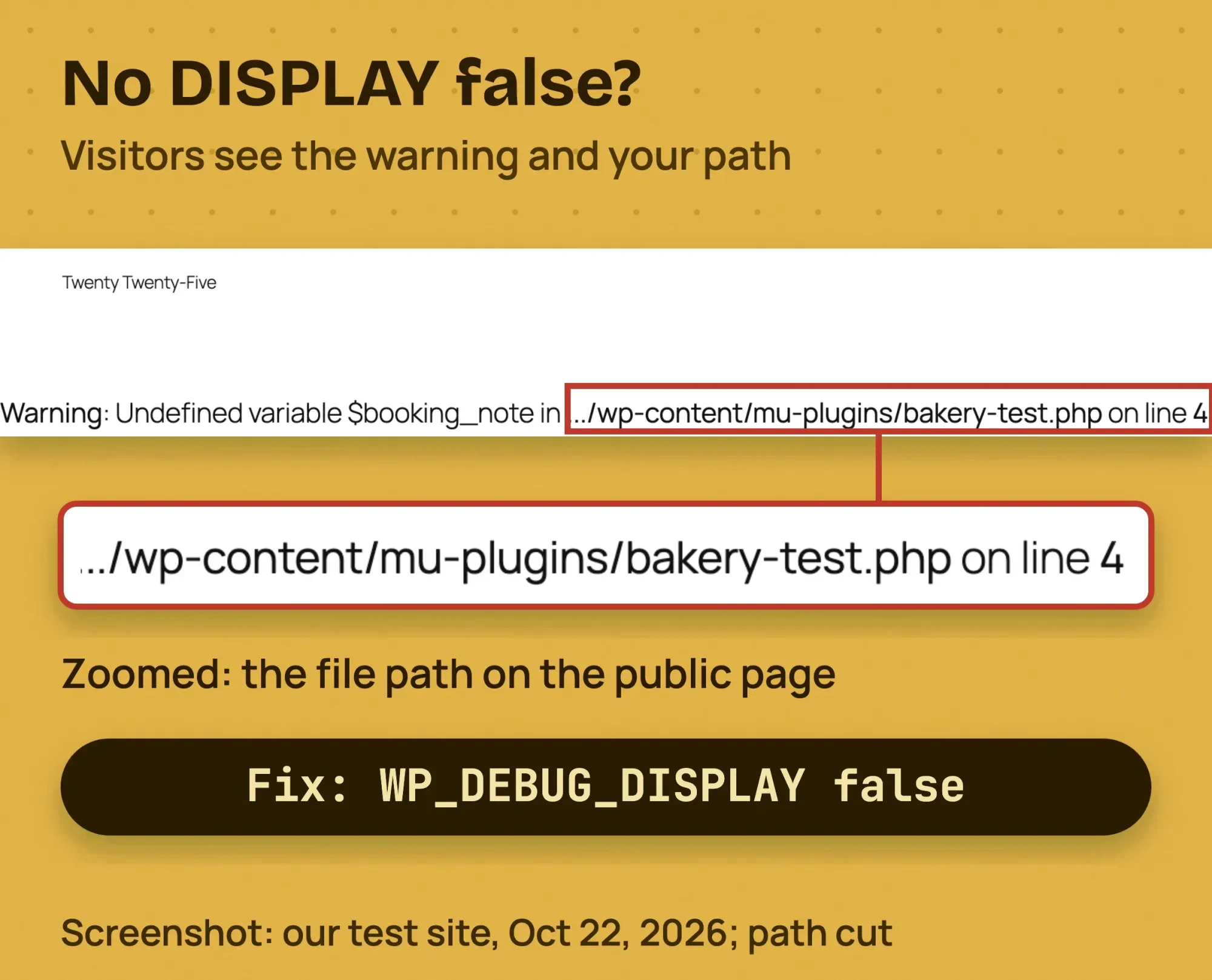 Screenshot of a PHP warning printed at the bottom of a WordPress home page because WP_DEBUG_DISPLAY was not set to false